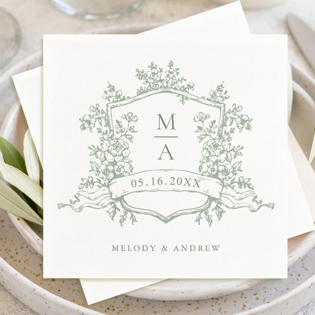 Servilleta De Papel Boda de Monogramas del Escudo elegante Sage Green  (Subido por el creador)