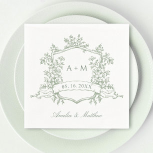 Servilleta De Papel Boda de Monogramas del Escudo Floral Verde Masaje
