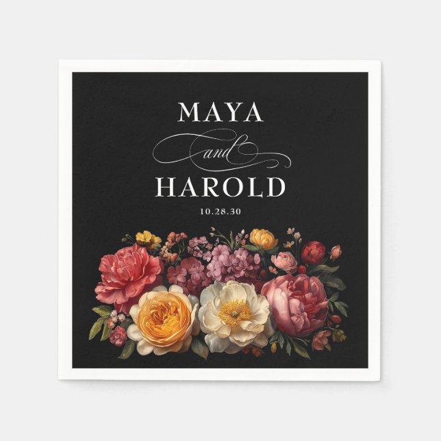 Servilleta De Papel Boda de Moody Negro Floral Botánica (Anverso)