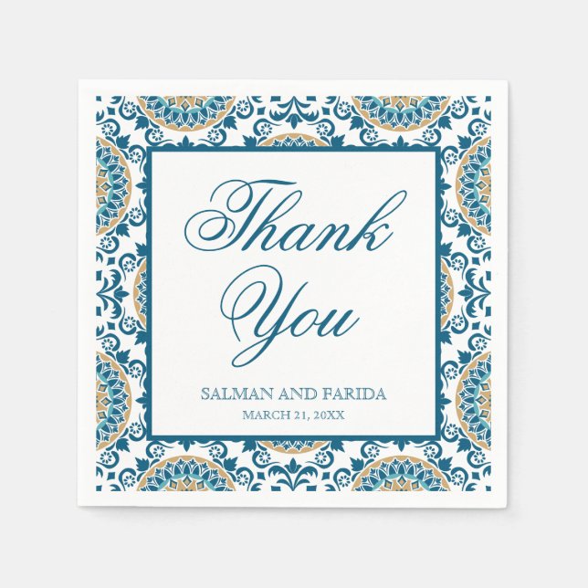 Servilleta De Papel Boda de mosaico persa azul elegante (Anverso)