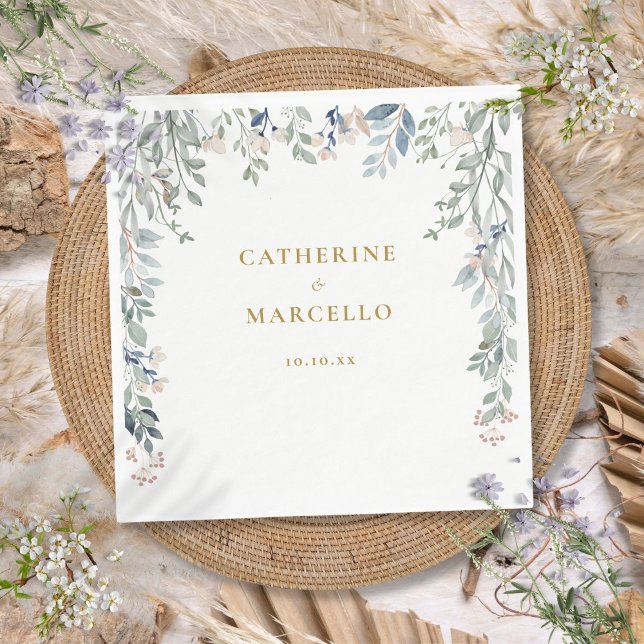 Servilleta De Papel Boda de oro de flores silvestres verdes (Greenery Floral Wildflowers Gold Wedding Napkins)