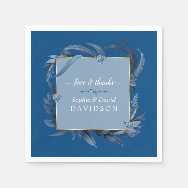 Servilleta De Papel Boda de oro geométrico de las hojas azules clásica (Anverso)
