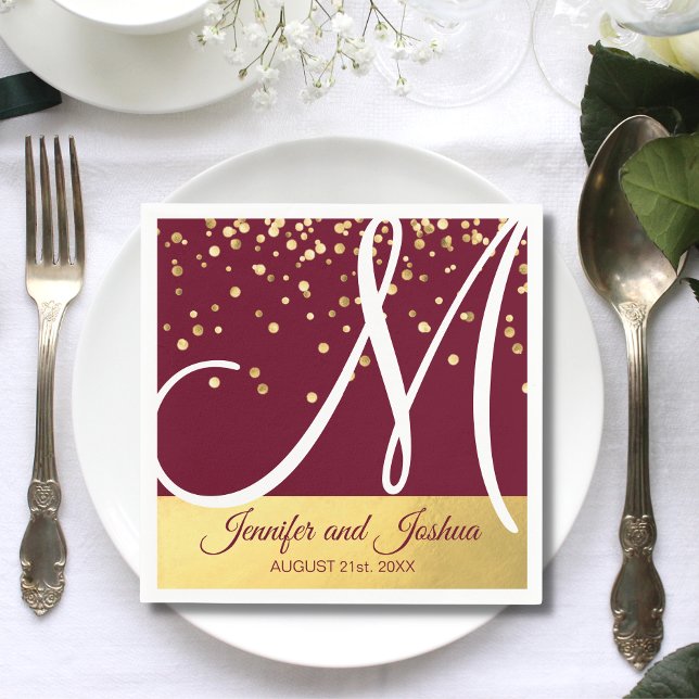 Servilleta De Papel Boda de oro monogramado personalizado BURGUNDY (Personalized Monogrammed BURGUNDY Gold Wedding Napkin)