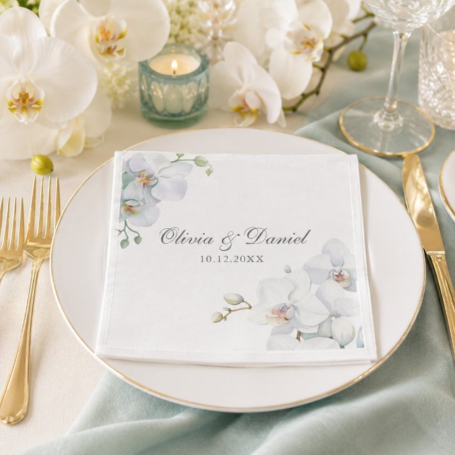 Servilleta De Papel Boda de orquídea blanca elegante moderna (Modern Elegant White Orchid Wedding Napkins)