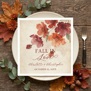 Servilleta De Papel Boda de Otoño Acuarela Rojo Borgoña Enamórate