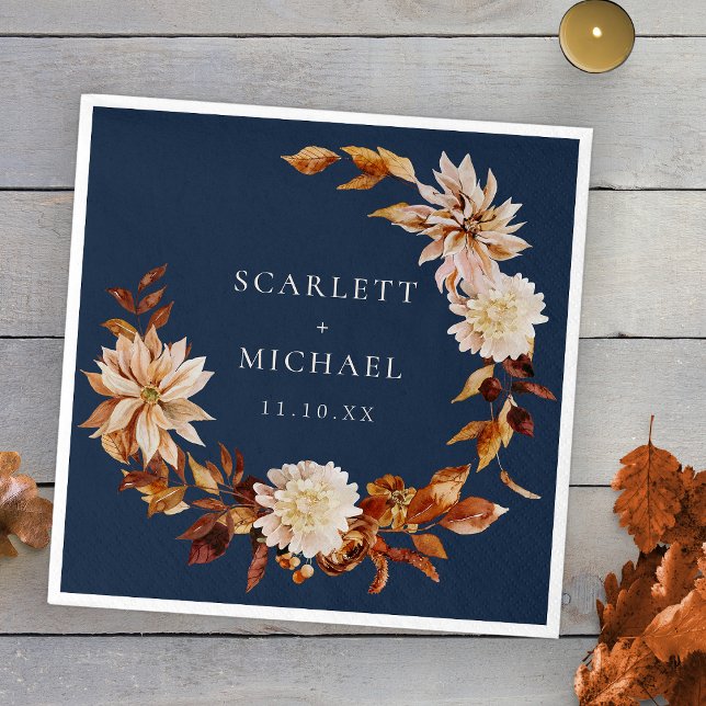 Servilleta De Papel Boda de Otoño Azul Marino (Navy Blue Fall Floral Wedding Napkins by Painted Paperie
)
