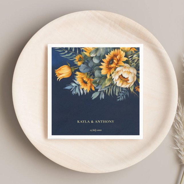 Servilleta De Papel Boda de otoño azul marino girasol rústico impreso (Fall wedding navy blue rustic sunflower printed napkins template personalized tableware decor)
