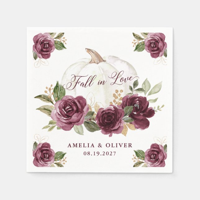 Servilleta De Papel Boda de Otoño de Calabaza Borgoña Floral Enamórate (Anverso)