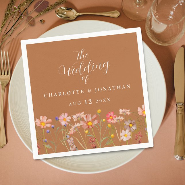 Servilleta De Papel Boda de Otoño Floral Rústica Boho (Elegant terracotta burnt orange Boho rustic floral fall custom wedding napkin watercolor wildflowers)
