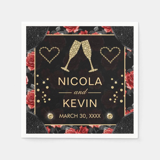 Servilleta De Papel Boda de patrón de rosa negro y rojo y diamantes de (Anverso)