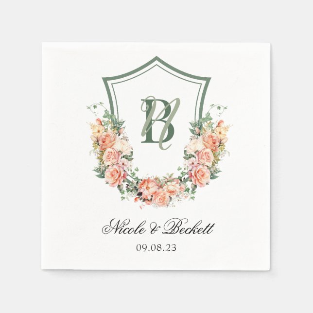 Servilleta De Papel Boda de Peach Floral Escudo (Anverso)