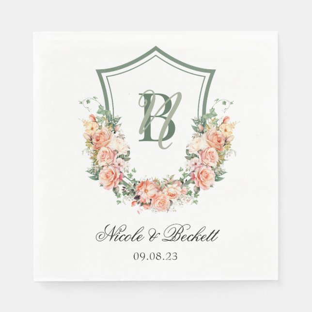 Servilleta De Papel Boda de Peach Floral Escudo (Anverso)