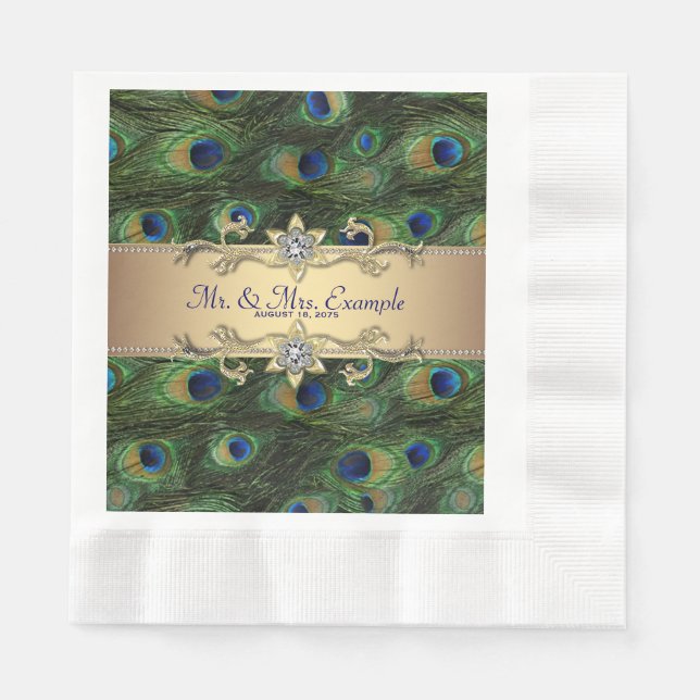 Servilleta De Papel Boda de Peacock de oro verde esmeralda (Anverso)
