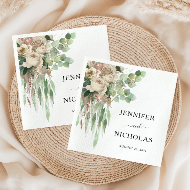 Servilleta De Papel Boda de peonías blancas y negras florales elegante (Elegant Floral Black & White Peonies Wedding Napkins)