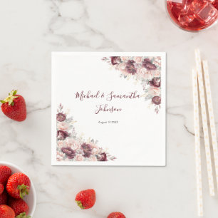 Servilleta De Papel Boda de Peonías y Rosas con Tono de Borgoña Rosado