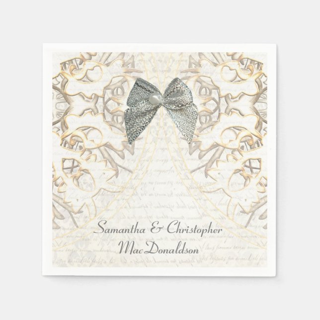 Servilleta De Papel Boda de pergamino blanco antigua damasco (Anverso)