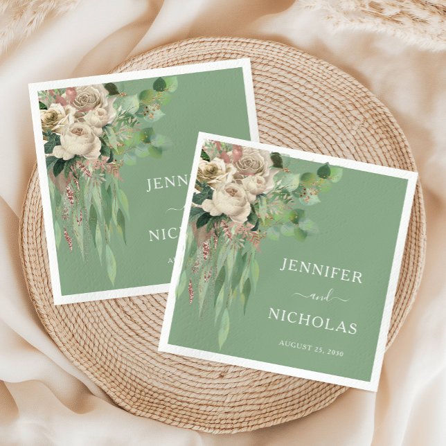 Servilleta De Papel Boda de personalidades florales verdes modernas (Modern Green Floral Peonies Wedding Napkins)