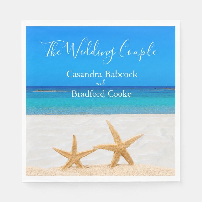 Servilleta De Papel Boda de playa 2 Starfish en el Boda de arena (Anverso)