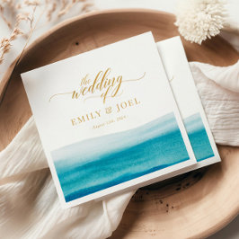 Servilleta De Papel Boda de playa con acuarela oceánica Gold Script