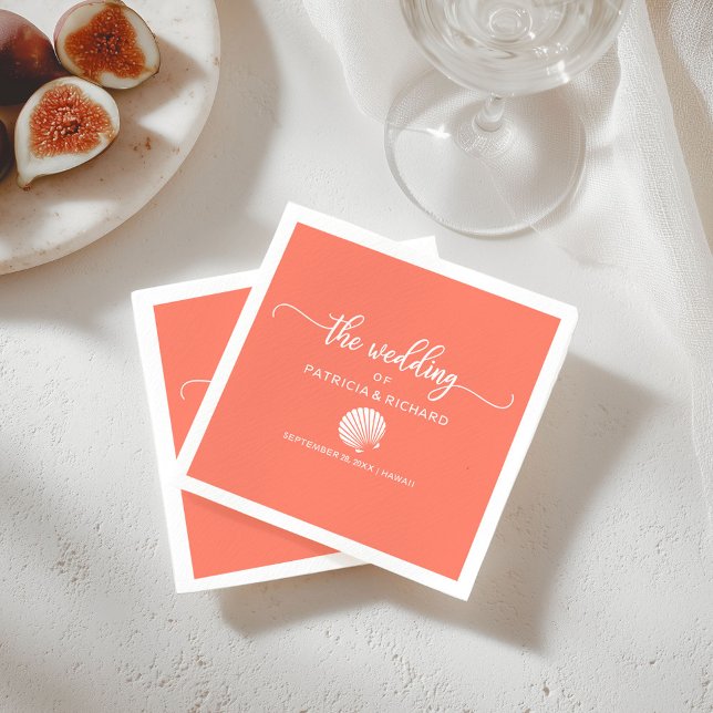 Servilleta De Papel Boda de playa con coral y concha blanca (Subido por el creador)