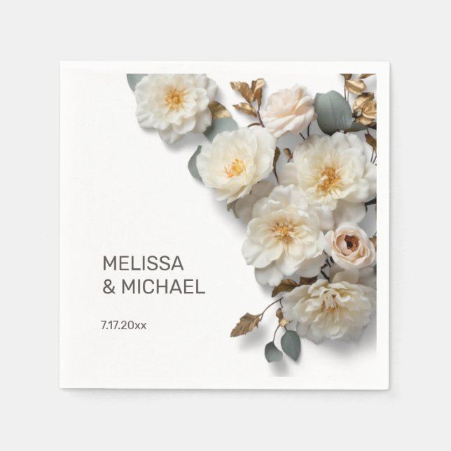 Servilleta De Papel Boda de rosas 3D en blanco marfil (Anverso)