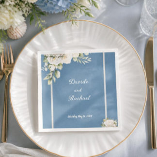 Servilleta De Papel Boda de Rosas Blancas Azul Polvoriento Elegante 