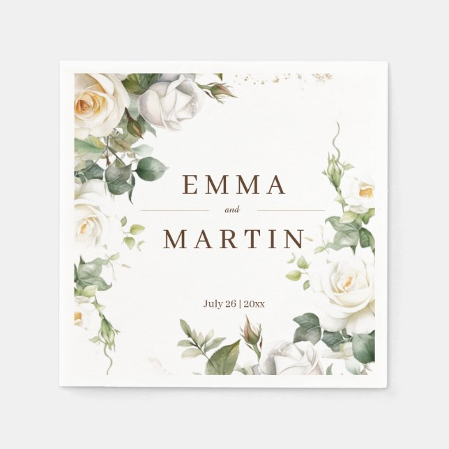 Servilleta De Papel Boda de Rosas Blancas Elegantes Florals (Anverso)