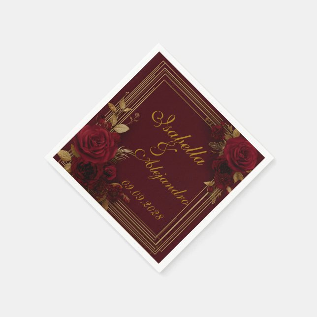 Servilleta De Papel Boda de Rosas Burgundy Románticas  (Borde)