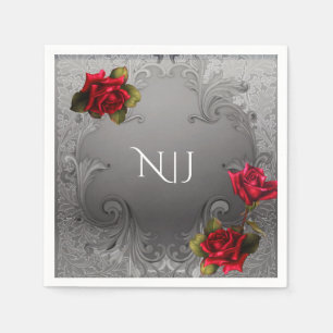 Servilleta De Papel Boda de Rosas Rojas Antiguas Elegantes de Plata