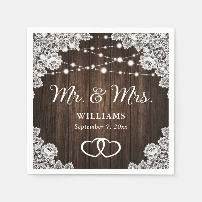 Servilleta De Papel Boda de Rústica Wood Hearts Lace String Lights (Anverso)