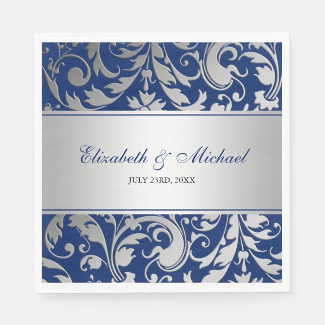 Servilleta De Papel Boda de Swift Blue Silver Damask (Anverso)