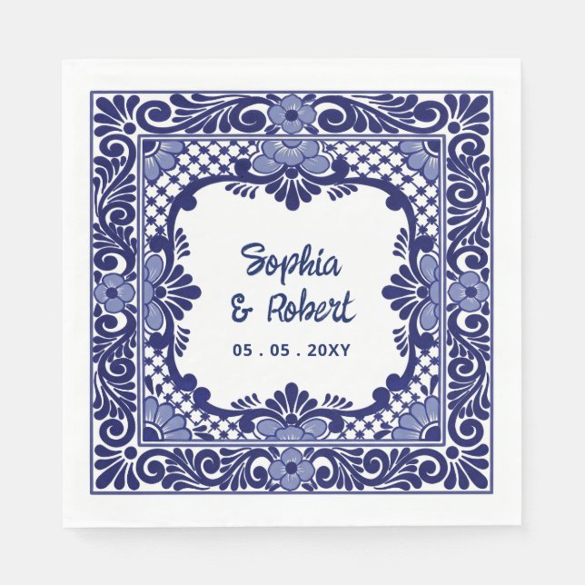 Servilleta De Papel Boda de Talavera Azul Mexicana (Anverso)