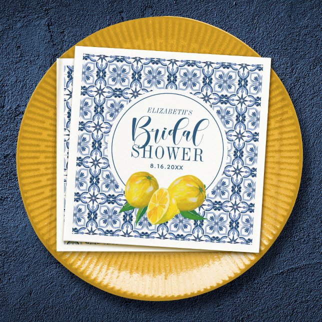 Servilleta De Papel Boda de tela azul de limón italiano (Lemon Mediterranean Bridal Shower Napkin)