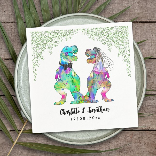 Servilleta De Papel Boda de temas de dinosaurio (Colorful dinosaur themed wedding funny T-Rex bride and groom Jurassic jungle foliage custom napkin)