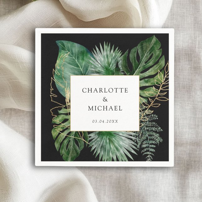 Servilleta De Papel Boda de Tendencia de Planta Tropical Elegante (Tropical Elegant Plant Trending Wedding Napkins with your name and date.)
