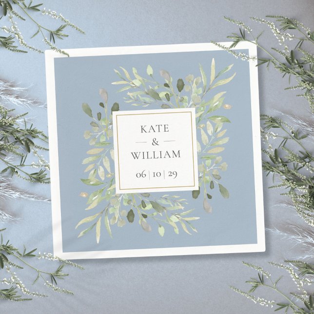 Servilleta De Papel Boda de verde botánico azul polvoriento (Dusty Blue Botanical Greenery Wedding Napkins)