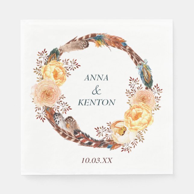 Servilleta De Papel Boda de Wreath de plumas florales (Anverso)