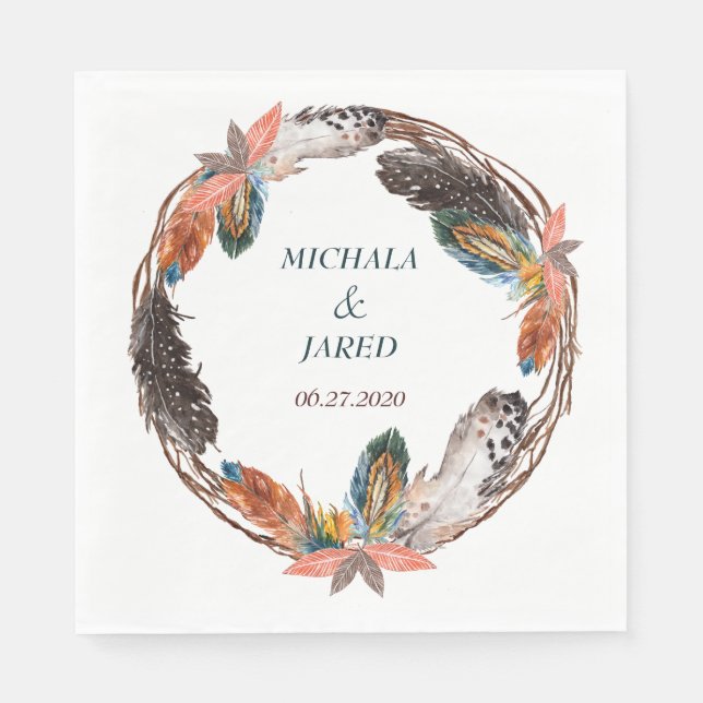 Servilleta De Papel Boda de Wreath de plumas rusas de boho (Anverso)