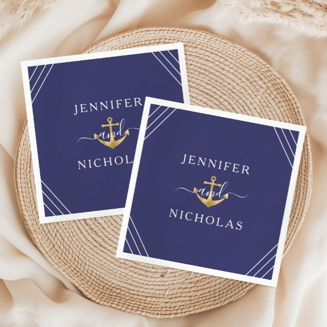 Servilleta De Papel Boda del Ancla de Oro Azul de la Marina Náutica (Nautical Navy Blue Gold Anchor Wedding Napkins)