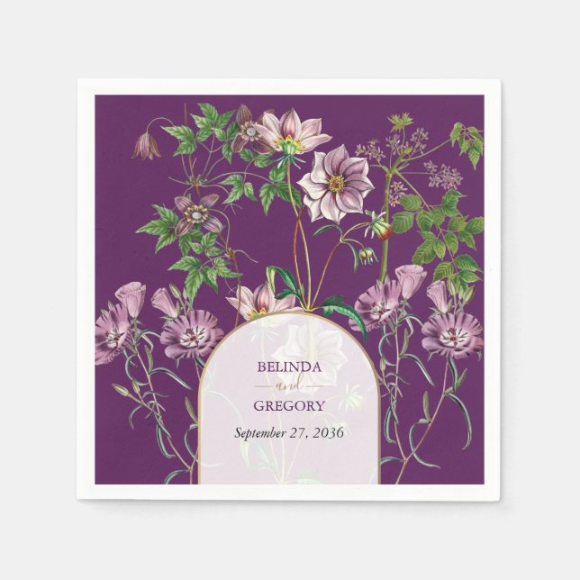 Servilleta De Papel Boda del Arco de Oro Purple Floral Greenery (Anverso)