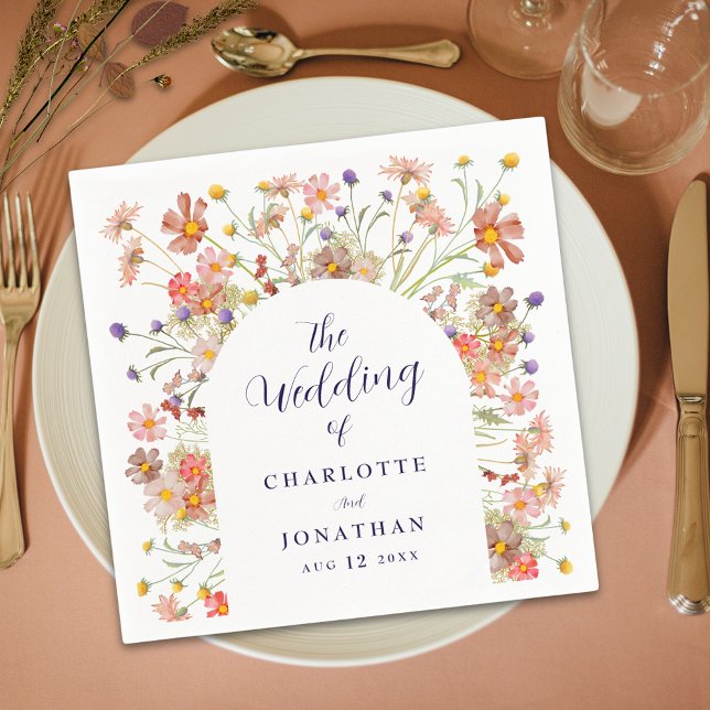 Servilleta De Papel Boda del Arco Orgánico Rústico Boho Wildflower (Boho fall rustic wildflower floral arch navy blue script white wedding custom paper napkins)