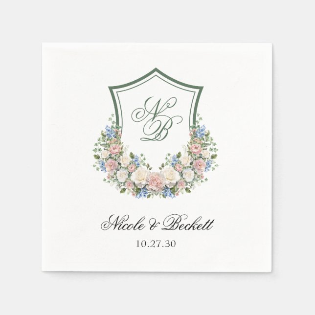 Servilleta De Papel Boda del Escudo Dusty Blue Floral (Anverso)