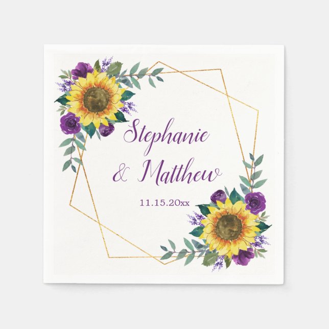 Servilleta De Papel Boda del girasol Purple Floral Elegante (Anverso)