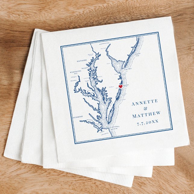 Servilleta De Papel Boda del mapa azul de la Marina elegante de Ocean  (These Ocean City, MD map cocktail napkins are perfect for your Maryland destination wedding.)