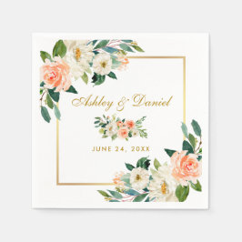 Servilleta De Papel Boda del marco dorado floral de coral acuarela