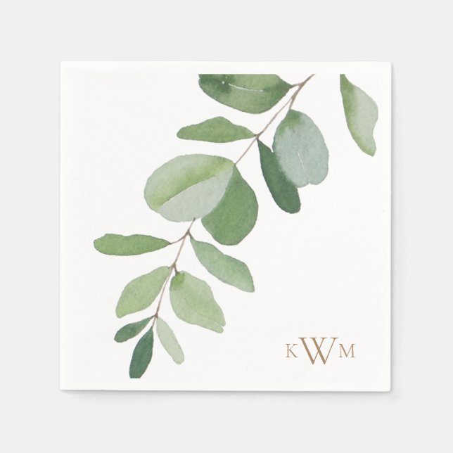 Servilleta De Papel Boda del Monograma de Greenery Stem Gold (Anverso)