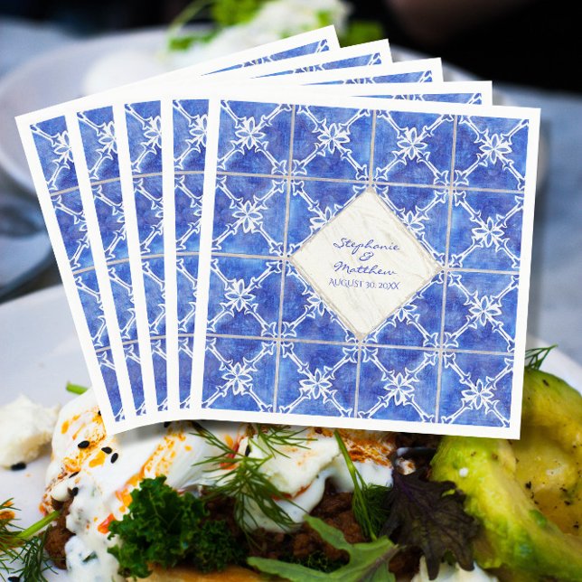 Servilleta De Papel Boda del patrón azul de mosaico blanco acuarela Rú (Subido por el creador)