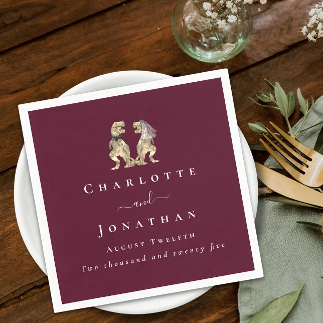 Servilleta De Papel Boda del tema de los dinosaurios Personalizado Bur (Dinosaur theme wedding burgundy and ivory cream custom napkins T-Rex bride and groom elegant script)