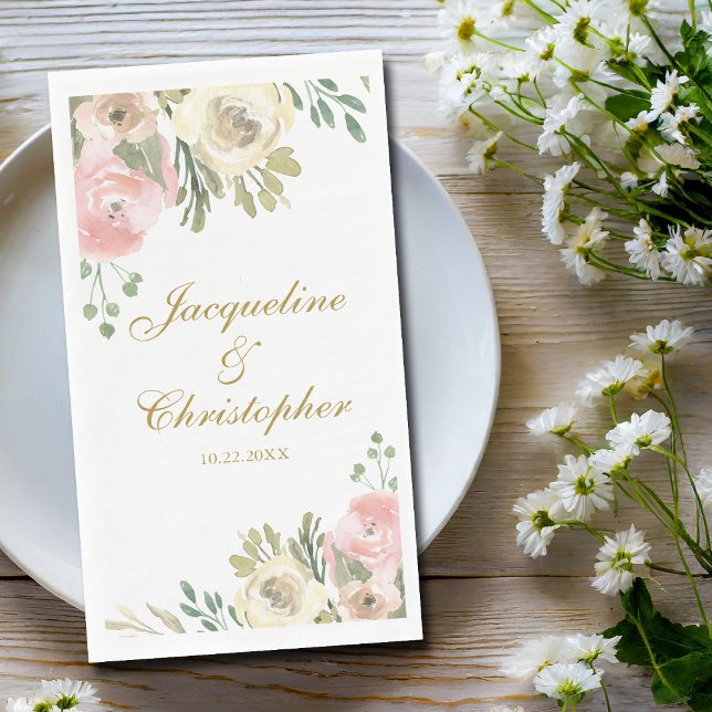 Servilleta De Papel Boda Dorada Floral Rosa Chic Personalizada (Subido por el creador)