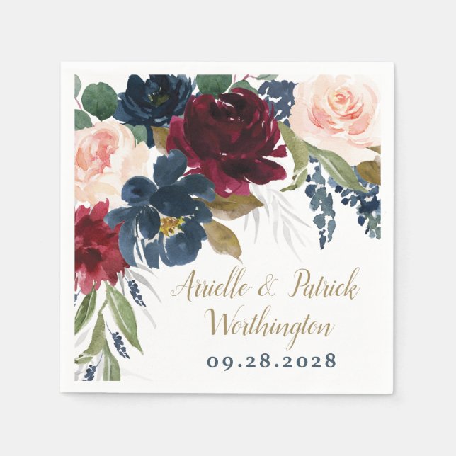 Servilleta De Papel Boda dorado rosado Rubor Blue Burgundy de la Marin (Anverso)